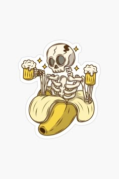 a sticker with a skeleton sitting on top of a banana and holding two beer mugs