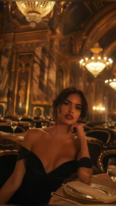 a woman sitting at a table in a fancy restaurant