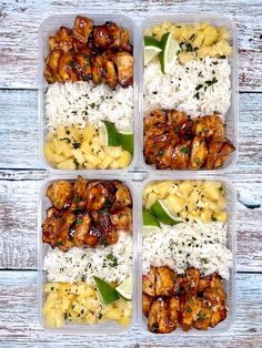 four plastic containers filled with different types of food