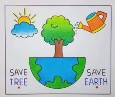 the earth has trees and watering can on it's side with words save tree, save earth