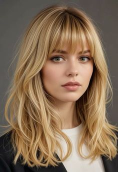 Bottleneck Bangs Long Hair Round Face, Hair Up With Fringe, Blonde Balayage Fringe, French Wispy Bangs, Fringe Blonde Hair, Scandinavian Haircut, Blonde Mid Length Hair With Bangs, Bang Styles For Long Hair, Blonde Hair And Bangs