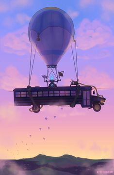 a large blue and white hot air balloon flying through the sky with a person on it's back