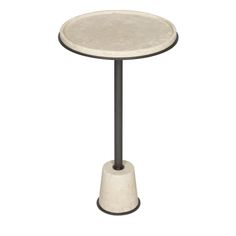 a white table with black metal legs and a round marble top on an iron stand