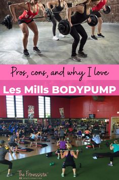 people doing squats with the words pros, cons and why i love les mills bodypump