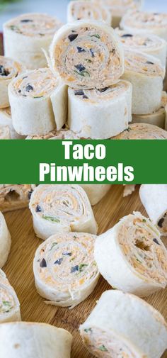 taco pinwheels on a cutting board with the title in green overlay