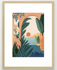 an orange and blue painting with tropical plants