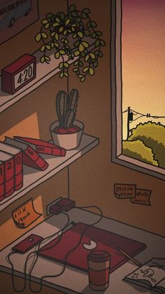 an illustration of a shelf with books, plants and other items on it in front of a window