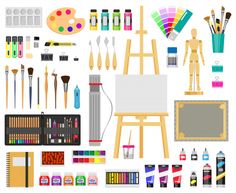 an assortment of arts and crafts items including paint, brushes, markers, pencils