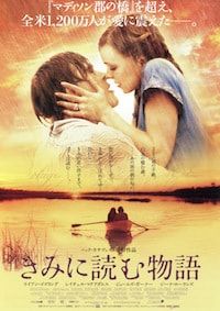 the notebook movie poster with two people kissing in front of water and sunset behind them