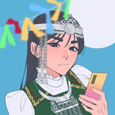 an anime character holding a cell phone and looking at the screen while wearing traditional clothing