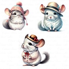 three different types of mouses wearing hats and scarves on their heads, one with a bow around its neck