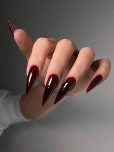 Dark Red Nails Jelly, Burgundy Stilletos Nails, Plain Dark Nails, Blood Red Stiletto Nails, Cherry Red Stiletto Nails, Dark Red Nails Stiletto, Red Claw Nails, Red Nail Long, Long Dark Red Nails