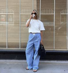 Pijama Pants, Blue Striped Pants, Josefine H J, Scandi Summer, Scandi Fashion, Spring Summer Capsule Wardrobe, Boxer Pants, 2024 Outfits, Casual Dinner Outfit