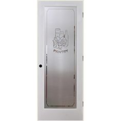 a white door with the words pantry etched on it's glass paneled door