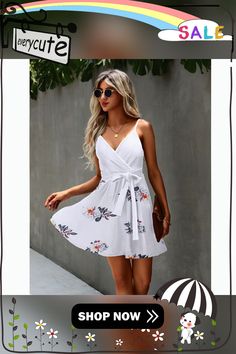 White Floral Splicing Tie Waist Mini Dress Mini Dress, White, Floral