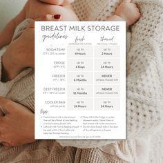 the breast milk storage guide is displayed in front of a woman holding her baby's belly