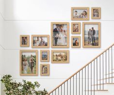 a staircase with many pictures hanging on the wall and a potted plant next to it