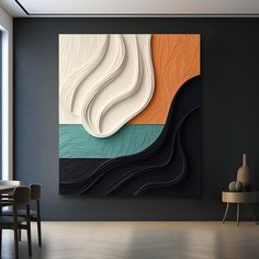 an abstract painting hangs on the wall next to a dining room table