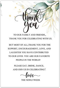 a thank card with the words, thank you and an image of leaves on it