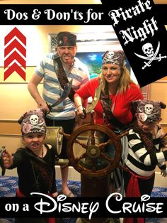 two adults and one child are posing for a photo while dressed up as pirates on a disney cruise