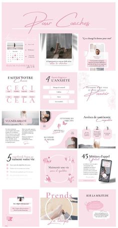 a pink and white presentation board with lots of different things on it's side