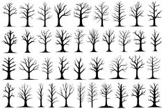 the silhouettes of trees with no leaves on them, all in black and white