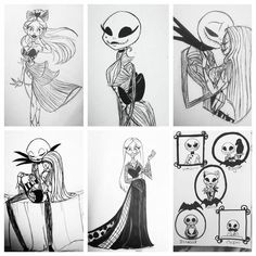 four different pictures of cartoon characters in black and white, one with a skeleton on it