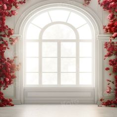 an open window with red flowers on it