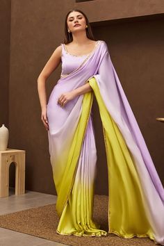 Lilac to lime ombre effect saree with sequin work on the border. Paired with a padded blouse with placement sequin work - Aza Fashions Ombre Saree Color Combos, Gradient Saree, Lavender Saree, Papa Don't Preach, Saree Gowns, Haldi Outfits, Saree Ideas, Simple Saree Designs, Trendy Outfits Indian