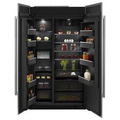 an open refrigerator with its door wide open and food in the freezer compartment is shown