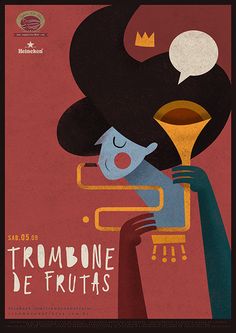 a poster with an image of a woman holding a trumpet in her right hand and the words trombonee de trutas on it