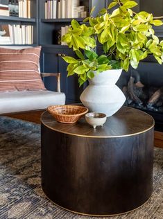 a table with a potted plant sitting on top of it next to a couch