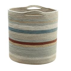 a multicolored striped basket with handles on the top and bottom, sitting in front of a white background