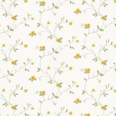 a white wallpaper with yellow flowers and green leaves