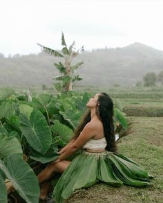 a woman sitting in the middle of a field with large green leaves on her back