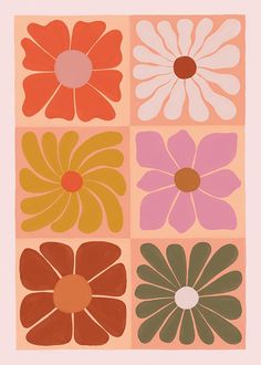 four different colored flowers on a pink and orange background, each with one flower in the center