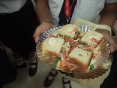 a person holding a plate with sandwiches on it