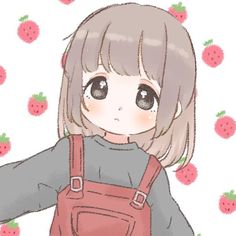 a drawing of a girl with short hair and brown eyes wearing overalls, standing in front of strawberries