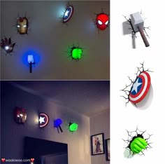 the avengers light up wall stickers are shown in three different styles and colors, including green, red, blue, and yellow