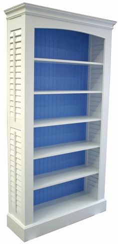 a white bookcase with blue shelves on the top and bottom shelf is shown in front of a white background