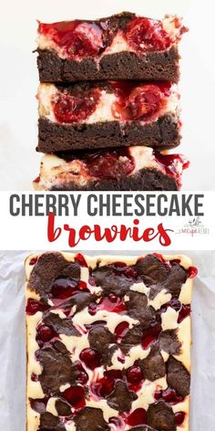 cherry cheesecake brownies stacked on top of each other with the title above it