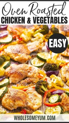 chicken and vegetables on a sheet pan with text overlay