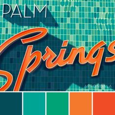 the words spring are painted in orange and green, along with an image of a swimming pool