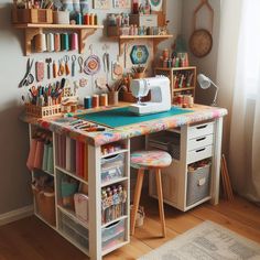 a sewing machine sitting on top of a table next to a shelf filled with craft supplies