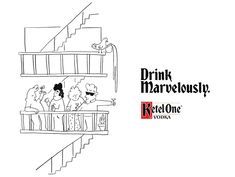 a drawing of three people standing at the top of a set of stairs and drinking wine