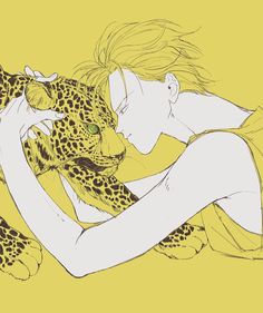 a drawing of a woman holding a cheetah in her arms, with one arm wrapped around the other