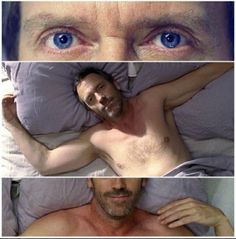 three different pictures of a man laying in bed with blue eyes and no shirt on