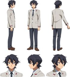 an anime character with black hair wearing a suit and tie, standing in different poses