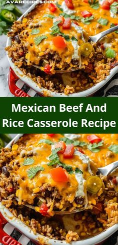 mexican beef and rice casserole recipe in a red dish with a serving spoon