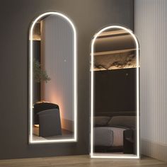 an arch shaped mirror is lit up in the room